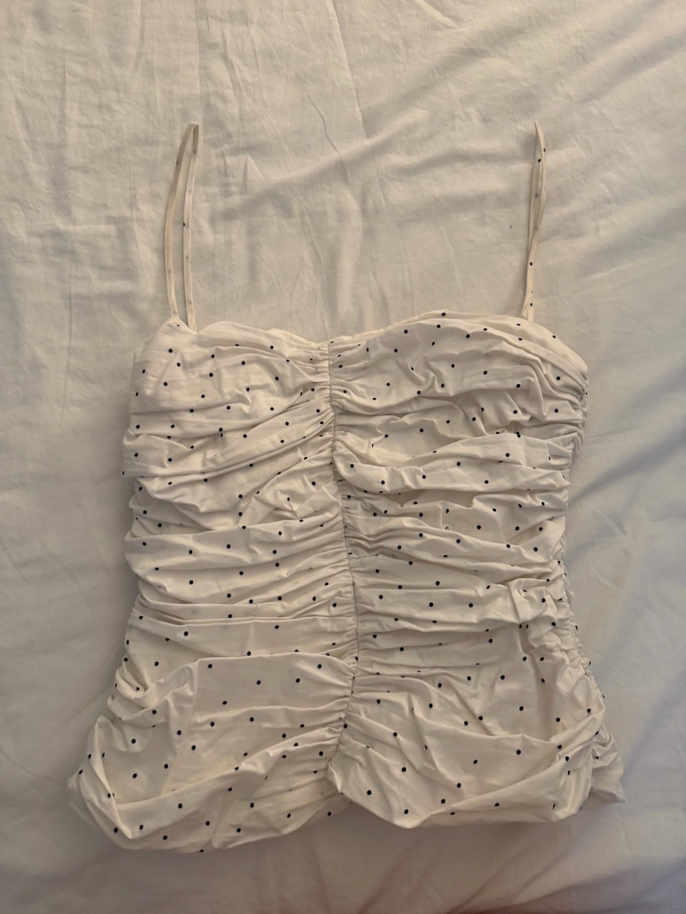 TOVE White Polka Dot Ruched Spaghetti Strap Cami